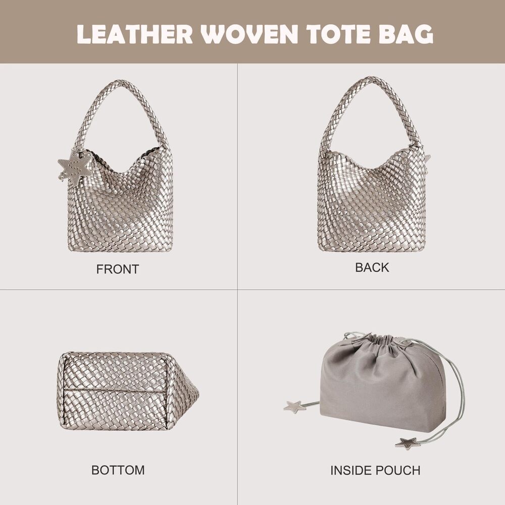 1128 Leather Woven Tote Bag, Vegan Leather Slouchy Hobo Bag , Large - Picture 3 of 7